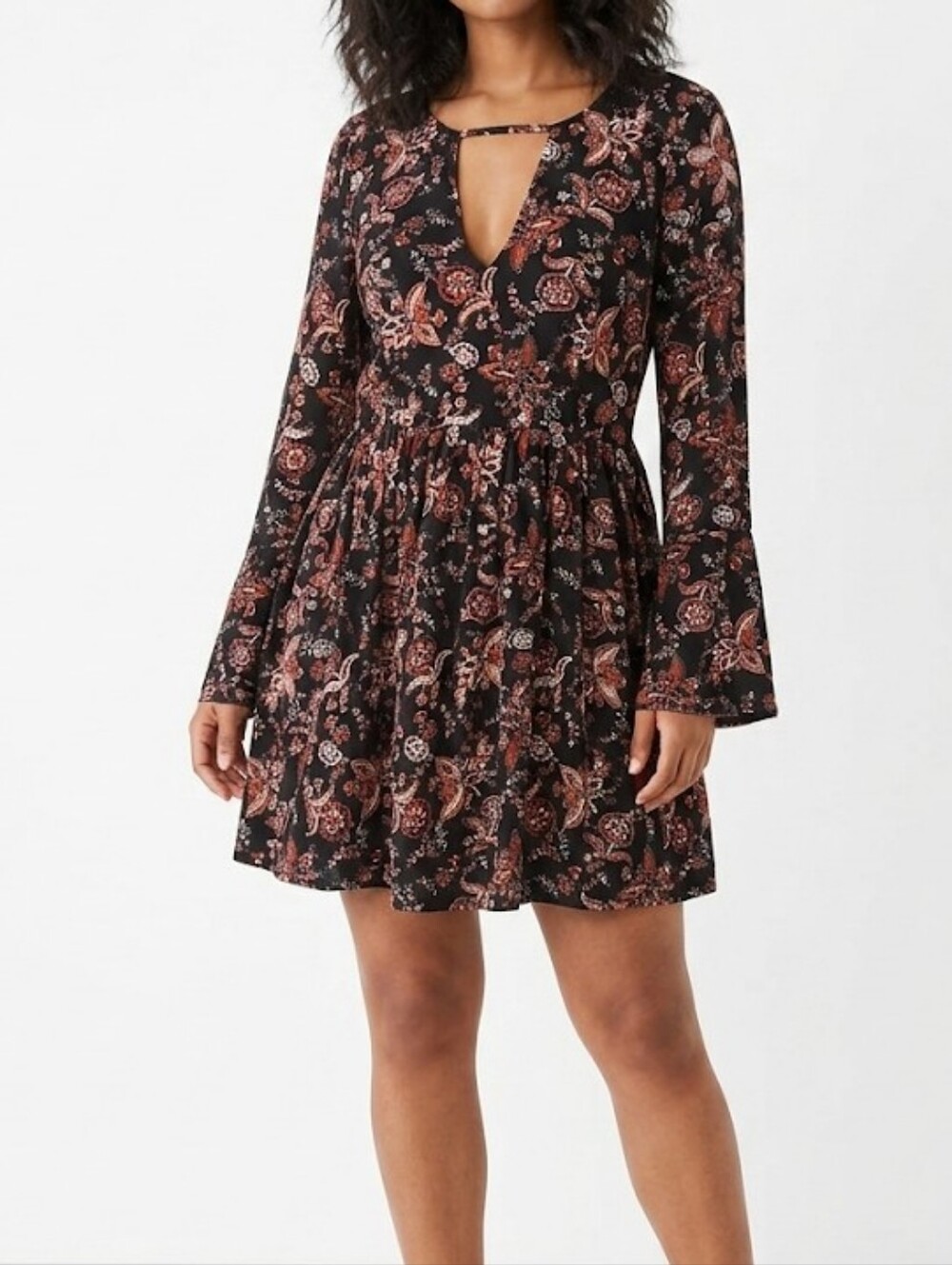 Hem & Thread Black Floral  Keyhole Tiered Long-Sleeve Dress Mine Size L